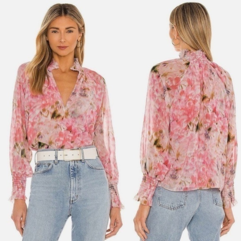 Misa Alexis Pink Floral Long Sleeve Blouse Top M